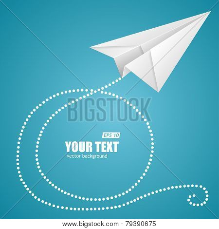 White paper plane on blue sky and text box