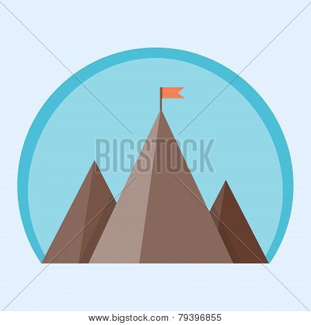 Flat vector mountain peak with flag