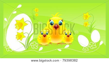 Three Chickens On Easter Background