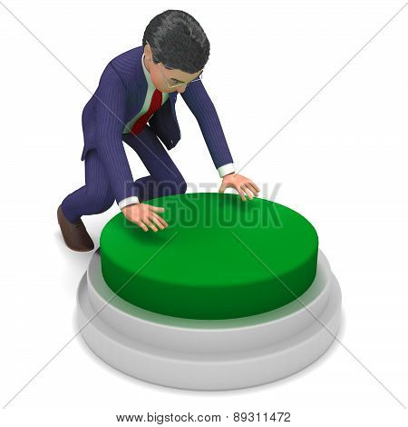 Pushed Start Button Shows Business Man And Beginning