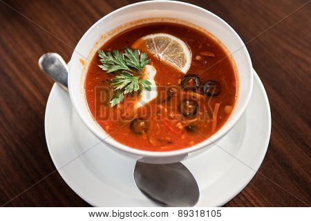 Traditional russian soljanka or saltwort soup