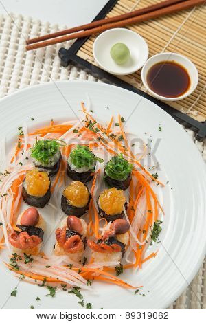 Japanese tasty sushi set on table with  sauce
