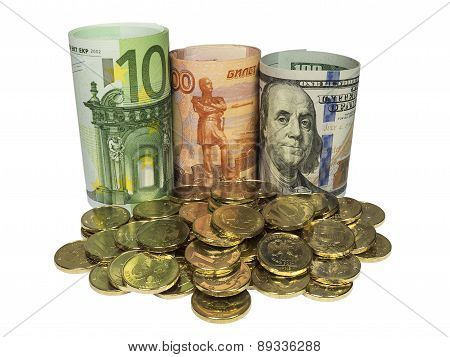 Placer Coins On Background Of Banknotes.