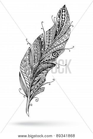 Artistically drawn, stylized, vector feather on a white background.