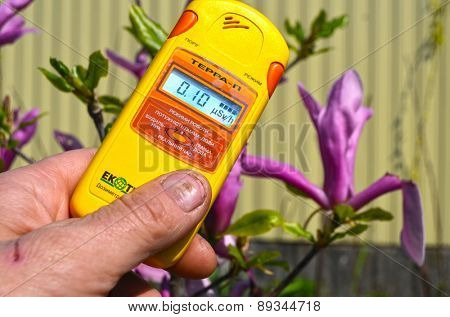 Near Kiev, Ukraine -April 29, 2015: Measuring radiation levels near after huge forest wildfire in Chernobyl Area on April 28. Kiev April 29,, 2015 Near Kiev, Ukraine.