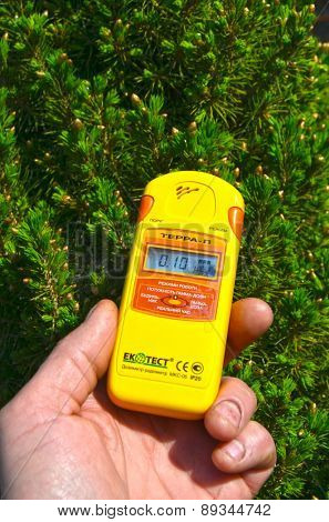 Near Kiev, Ukraine -April 29, 2015: Measuring radiation levels near after huge forest wildfire in Chernobyl Area on April 28. Kiev April 29,, 2015 Near Kiev, Ukraine.