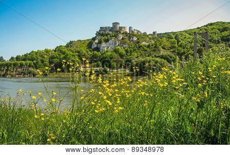 Ruins Of An Ancient Castle On The River Shore, Les Andeles, France