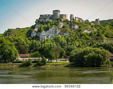 Ruins Of An Ancient Castle On The River Shore, Les Andeles, France