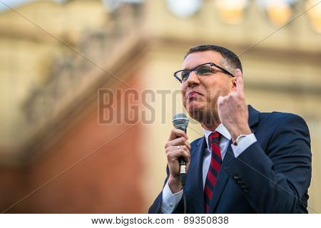 KRAKOW, POLAND - APR 29, 2015: Przemyslaw Wipler - Polish politician, member of Parliament of the VII convocation, during pre-election rally of Janusz Korwin - of presidential candidate of Poland.