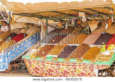MARRAKESH, MOROCCO, APRIL 3, 2015: Jemaa el-Fnaa square - stand with dried fruits and nuts