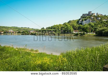 Ruins Of An Ancient Castle On The River Shore, Les Andeles, France