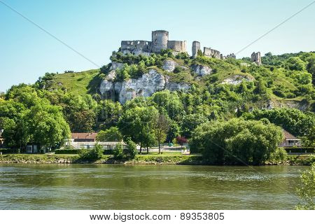 Ruins Of An Ancient Castle On The River Shore, Les Andeles, France