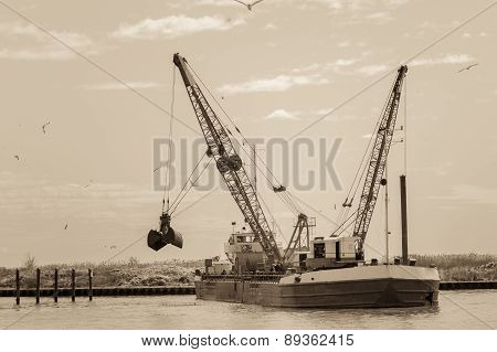 Effect Vintage. Dredger Ship Navy