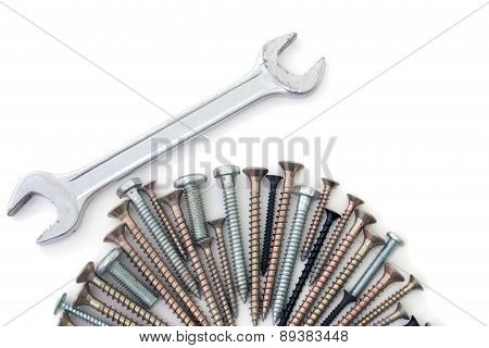 S Wrench Bolts And Screws On A White Background