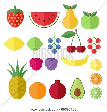 Set of fruits and berries flat icons.