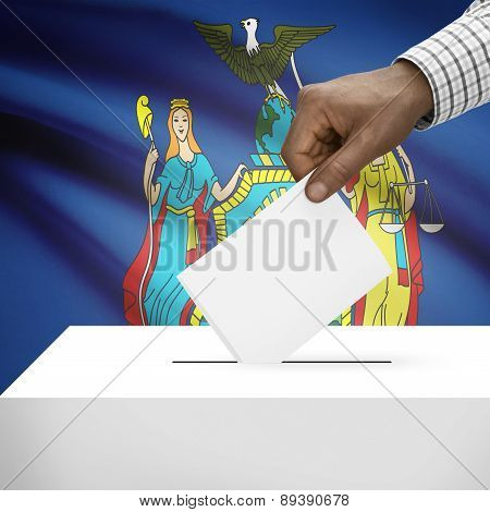 Voting Concept - Ballot Box With Us State Flag On Background - New York