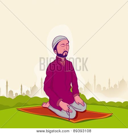 Young Muslim man holding rosary and praying (reading Namaz, Islamic Prayer) on Mosque silhouette background for holy month Ramadan Kareem celebration.