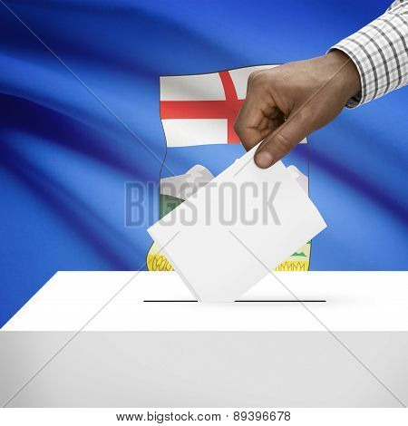 Voting Concept - Ballot Box With Canadian Province Flag On Background - Alberta