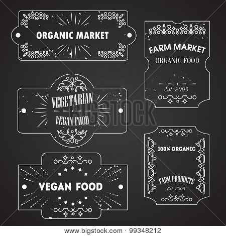 Vector logo and banners templates for vegetarian began food farm market banners. Labels on blackboard. Grunge texture