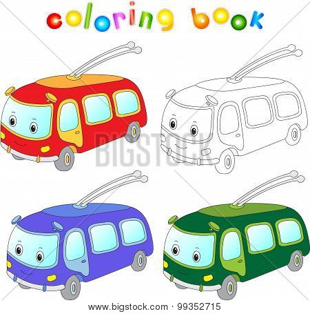 Funny Cartoon Trolleybus. Coloring Book For Kids
