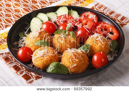 Italian Arancini Rice Balls With Cheese Closeup. Horizontal