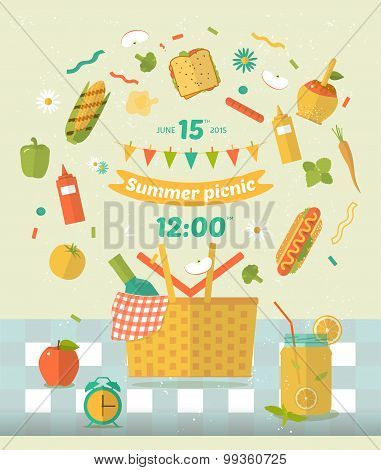Vector Family Picnic Glade Illustration. Food And Pastime Icons. Flat. Barbecue Object,  Picnic Item