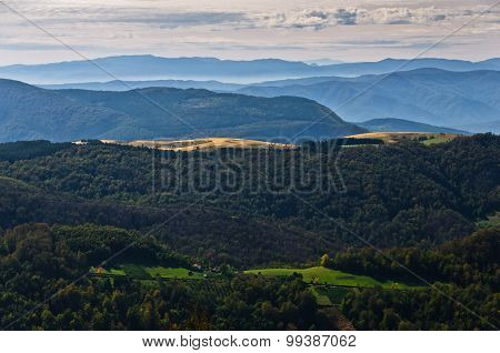 Landscape of mount Bobija, peaks, hills, meadows and colorful forests