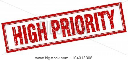 High Priority Red Square Grunge Stamp On White