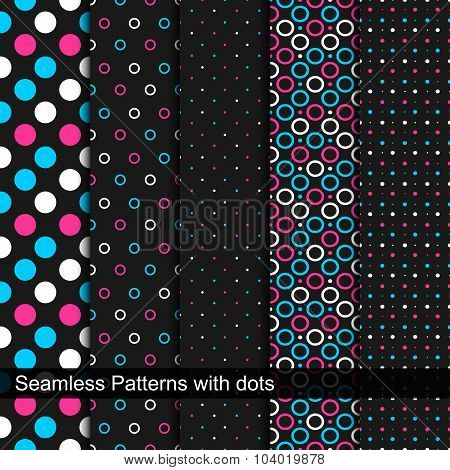 Collection of seamless patterns with circles and dots.