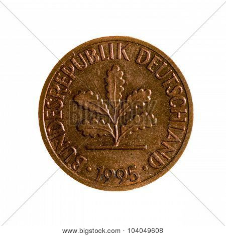Coin One Pfennig Germany Isolated On White Background. Top View.