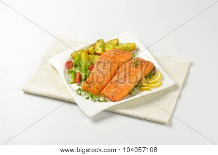 pan fried salmon fillets served with vegetable garnish on white plate and place mat