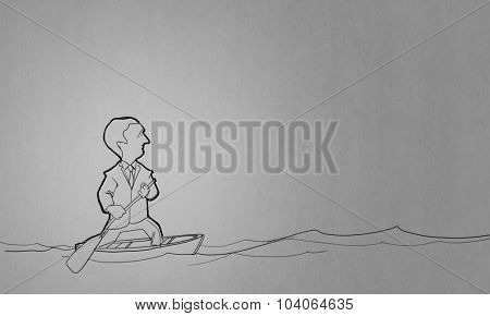 Caricature of funny businessman with paddle floating on boat
