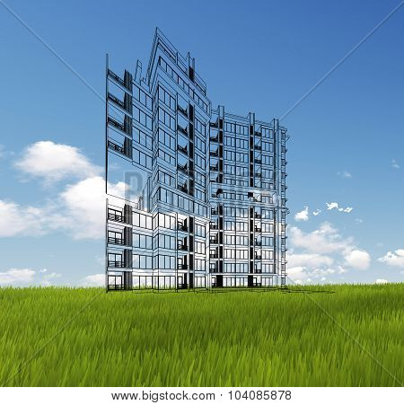 Wireframe Building on green grass and blue sky. Extremely high detailed quality render. Copyspace. G