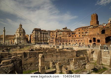 Remains of The Forum of Augustus is one of the Imperial forums of Rome, Italy, built by Augustus. 