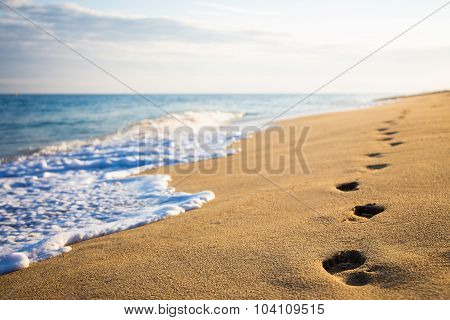 Close Up Of Footprints On Sandy Beach