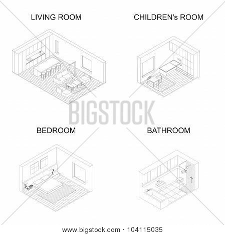 Interior isometric vector rooms.