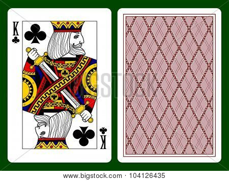King of clubs playing card and backside background. Faces double sized. Original design. Vector illustration