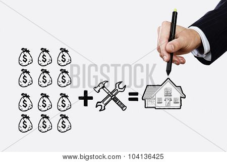 Close up of businessman drawing money making formula