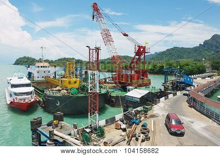 View to the ferry port in Donsak in Surat, Thani province, Thailand.