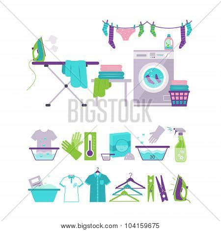 Colored Washing and Laundry Icons in Flat Style Vector Illustration Set