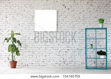 Interior in white brick with a bookshelf