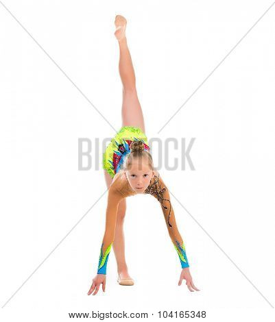 tittle gymnast doing stretching exercise isolated on white background