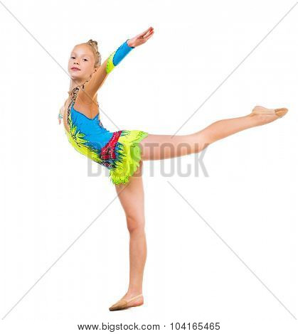 tittle gymnast doing stretching exercise isolated on white background