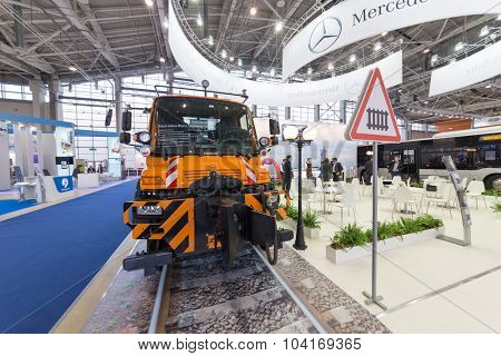 MOSCOW - OCT 30, 2014: Truck Unimog U400 (Mercedes Benz) at exhibition city transport ExpoCityTrans 2014