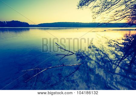 Vintage Photo Of Beautiful Sunset Over Calm Lake