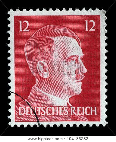 GERMAN REICH - CIRCA 1942: A stamp printed in Germany shows image of Adolf Hitler, series, 1942