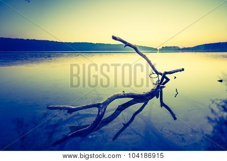 Vintage Photo Of Beautiful Sunset Over Calm Lake