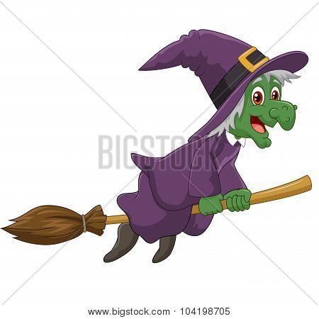 Sinister witch was riding broomstick on white background