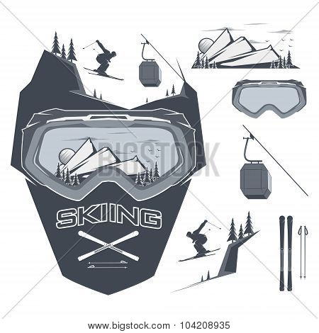 Skiing illustration and design elements. Stock vector.