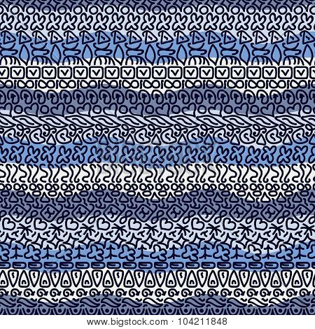 Seamless doodle geometric pattern in blue colors with waves.
